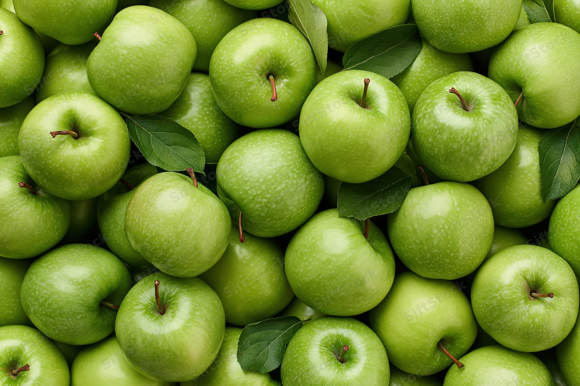 Dozens of fresh green granny smith apples piled together filling the frame