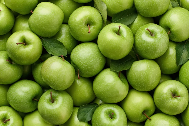 Dozens of fresh green granny smith apples piled together filling the frame