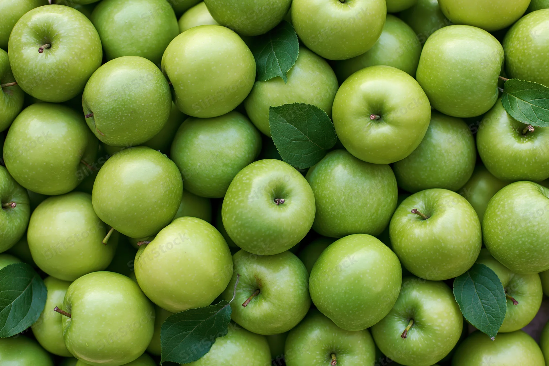Dozens of fresh green granny smith apples piled together filling the frame