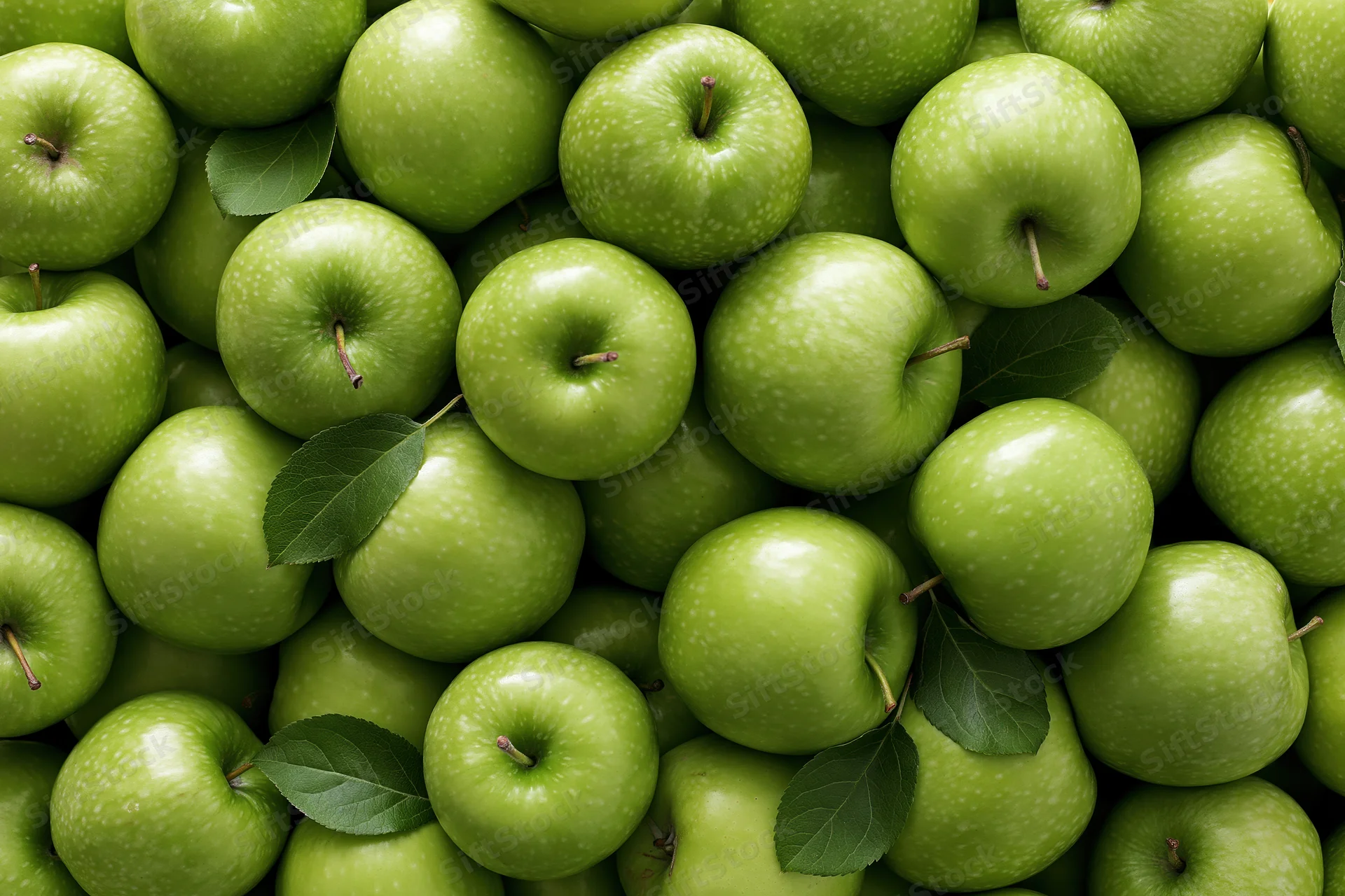 Dozens of fresh green Granny Smith apples piled together filling the frame from above