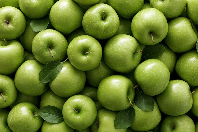 Dozens of fresh green Granny Smith apples piled together filling the frame from above