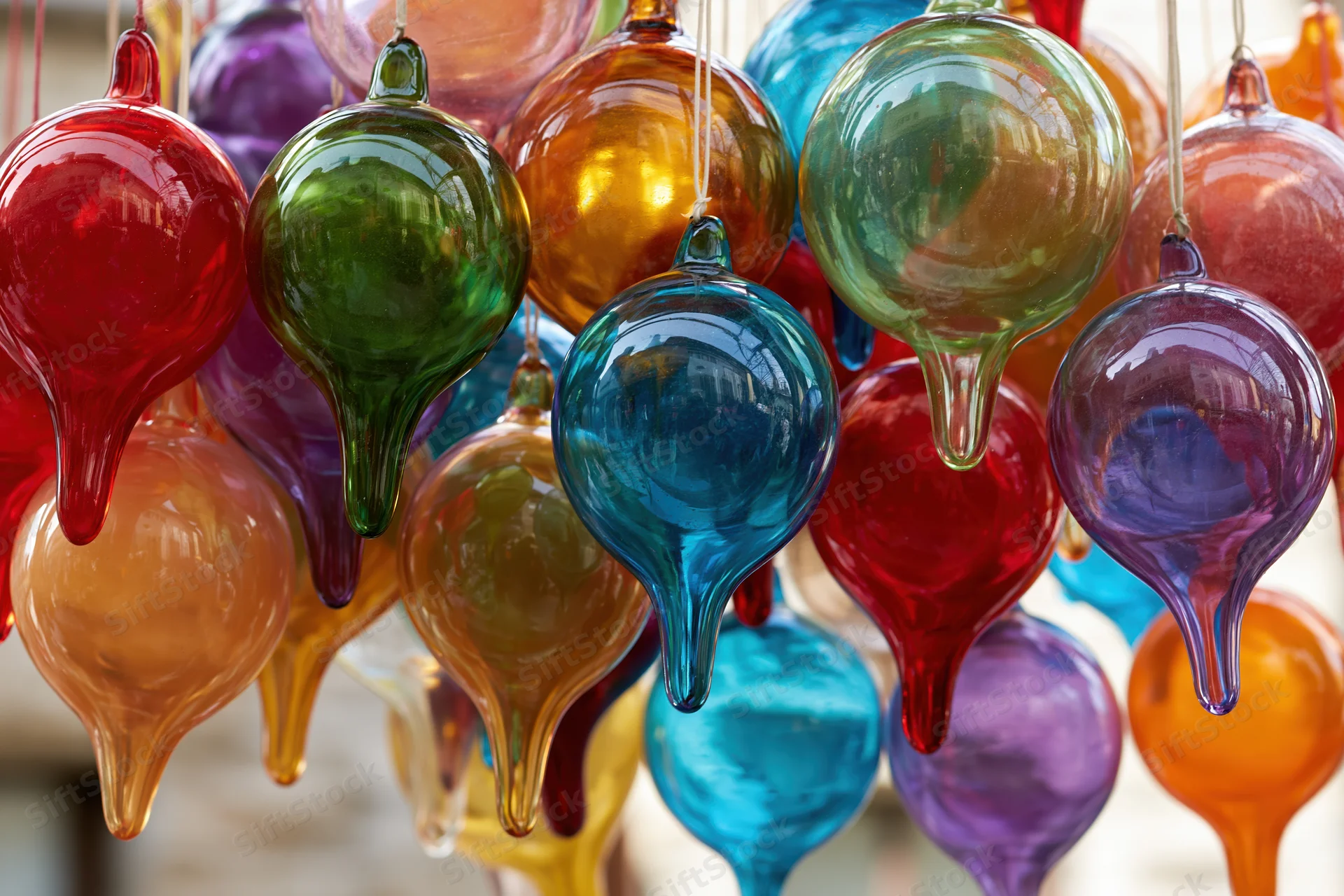 Hand-blown glass ornaments hanging densely in vibrant colors for holiday decoration
