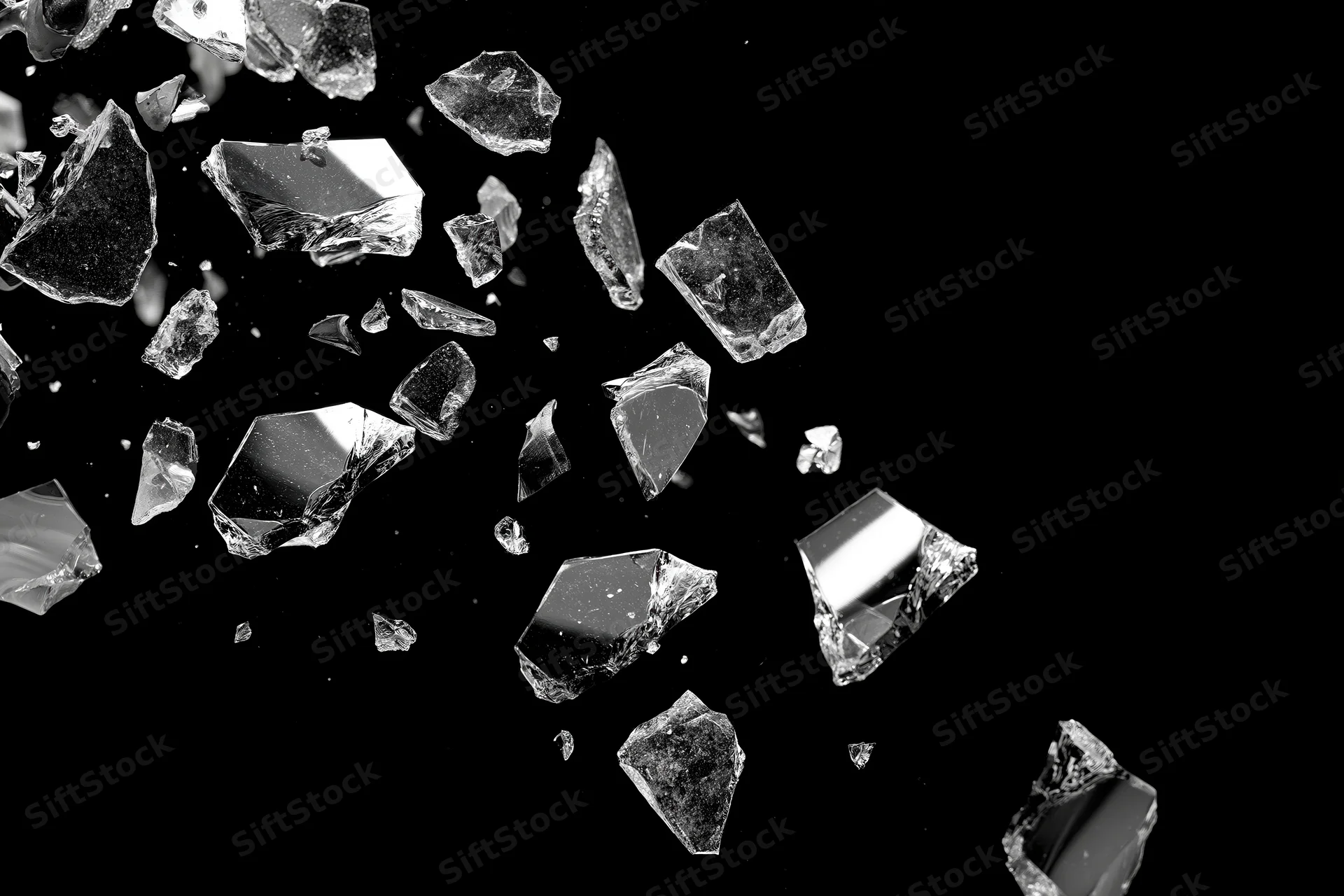 Sharp glass shards suspended midair against black background