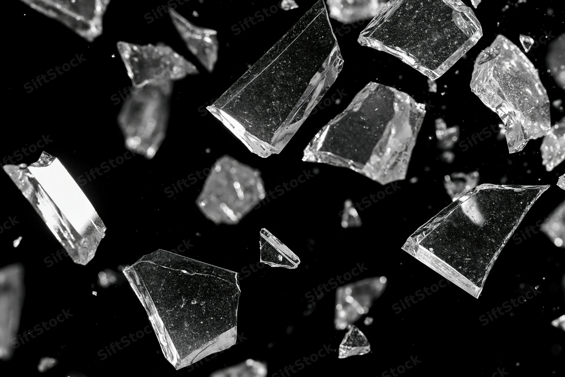 Sharp glass shards suspended midair against black background