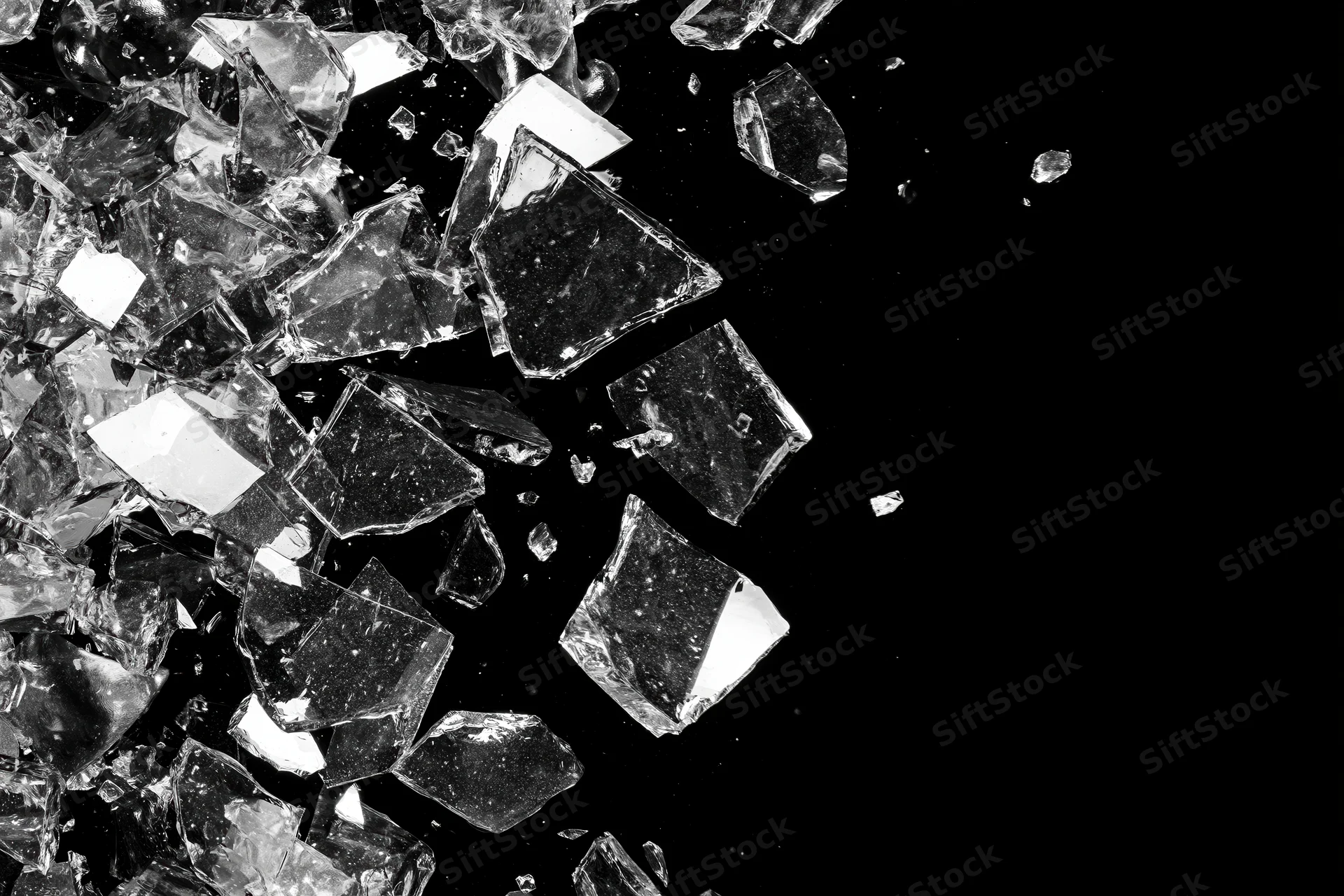 Sharp glass shards scattered across black background with copyspace on right side