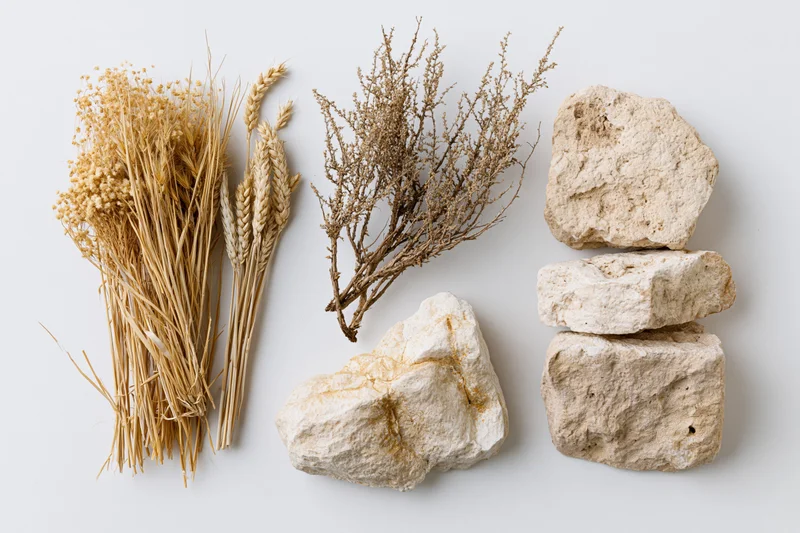 Dry desert plant specimens and weathered limestone rocks arranged on white surface