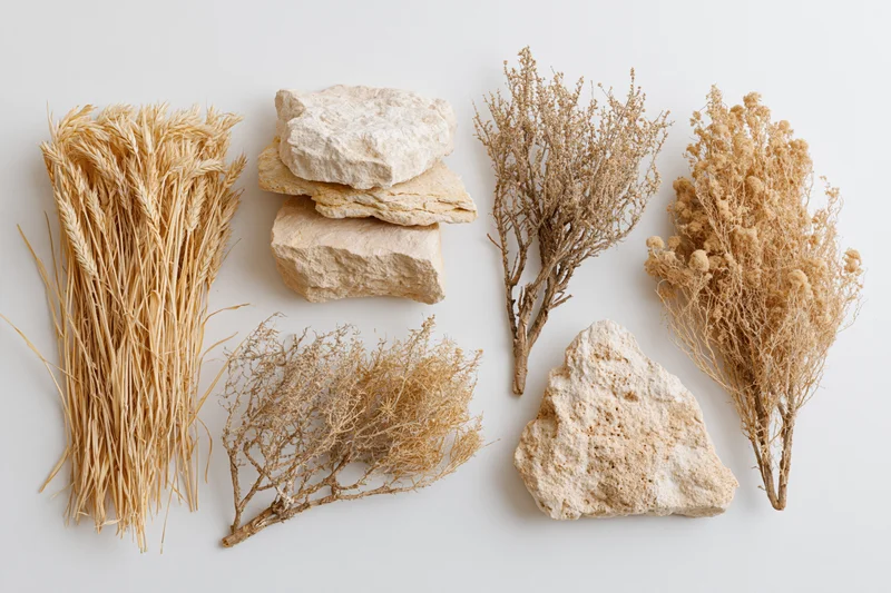 Dry desert plant specimens and weathered limestone rocks arranged on a white surface