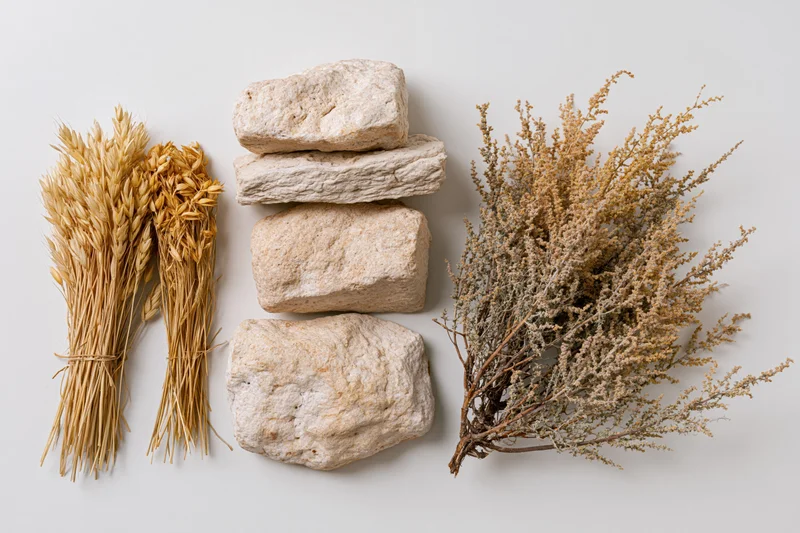 Dry desert plant specimens and weathered limestone rocks arranged in a flat lay on a white surface