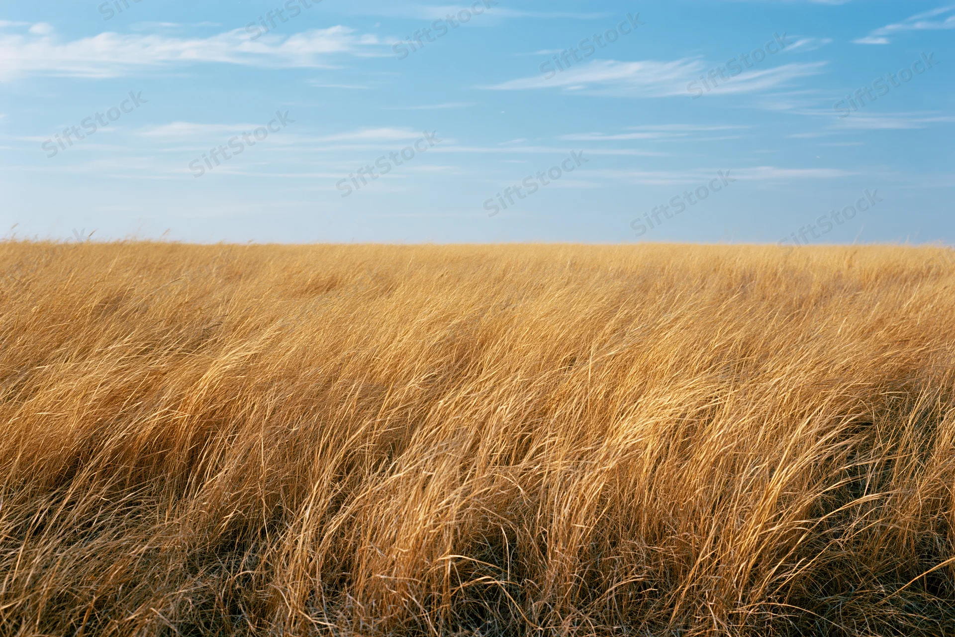 Dry golden-brown prairie grass swaying in the wind under a clear blue sky