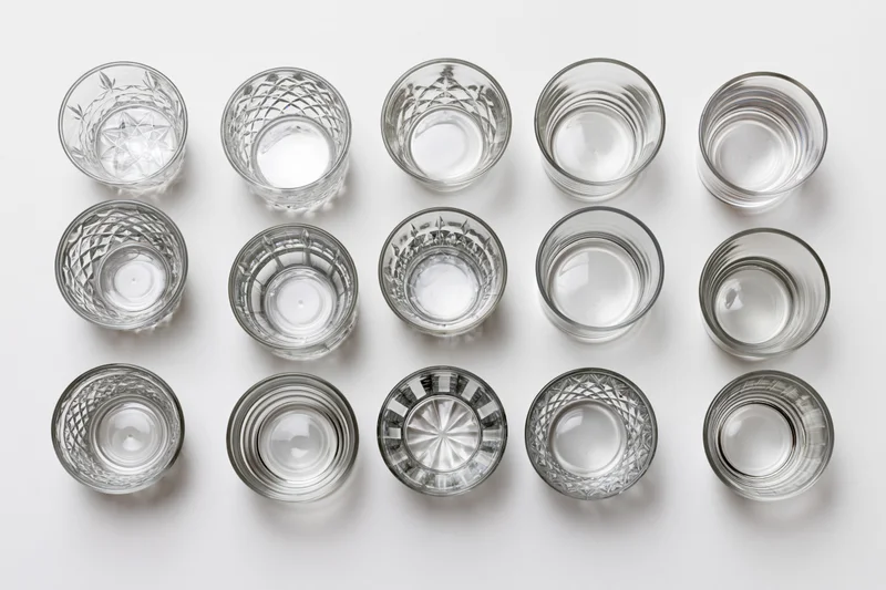 Eighteen empty whiskey tumblers and rocks glasses arranged in a grid on a white surface