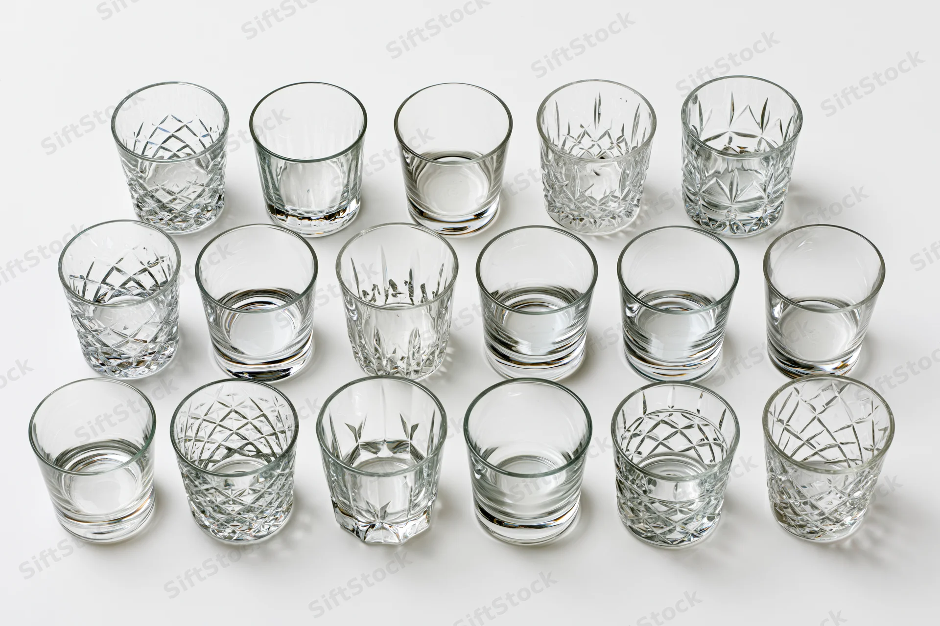 Eighteen empty whiskey tumblers and rocks glasses arranged in rows on a white background