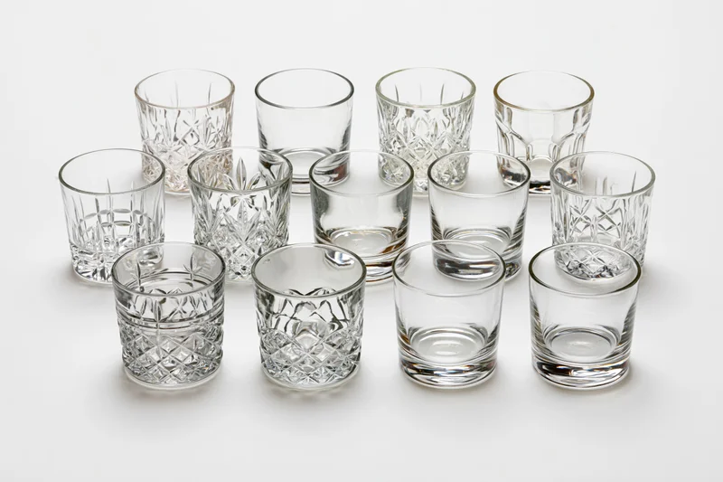 Eighteen empty whiskey tumblers and rocks glasses arranged in rows on a white surface