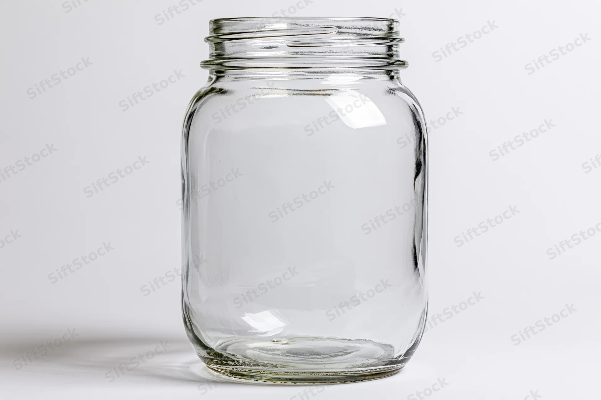 Empty clear glass mason jar with no lid shot straight-on against white background
