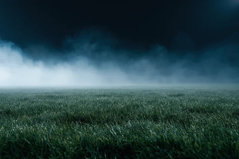 Close-up of grass on a football pitch under stormy sky at ground level