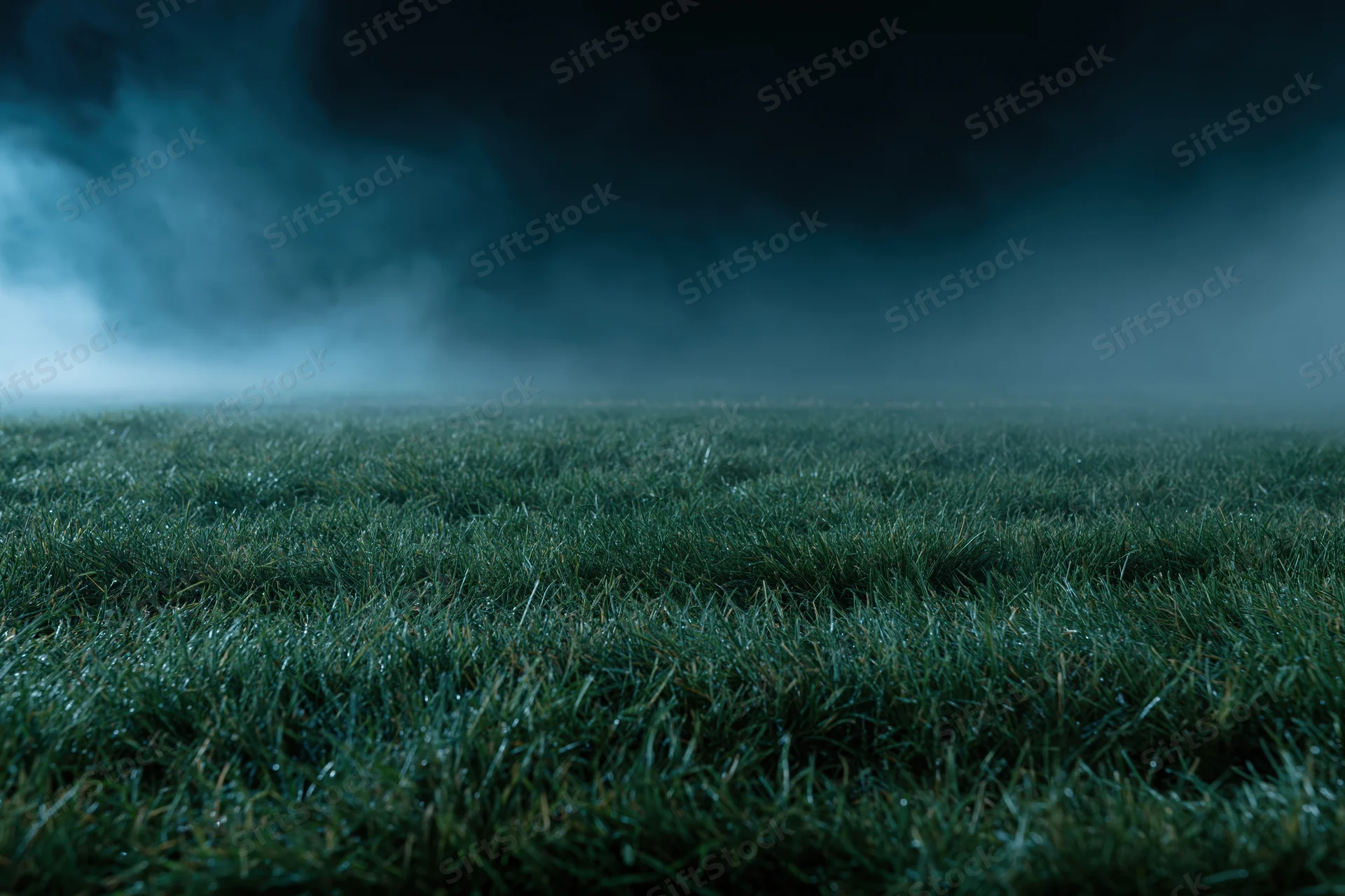 Close-up of grass surface on a football pitch under stormy sky at ground level