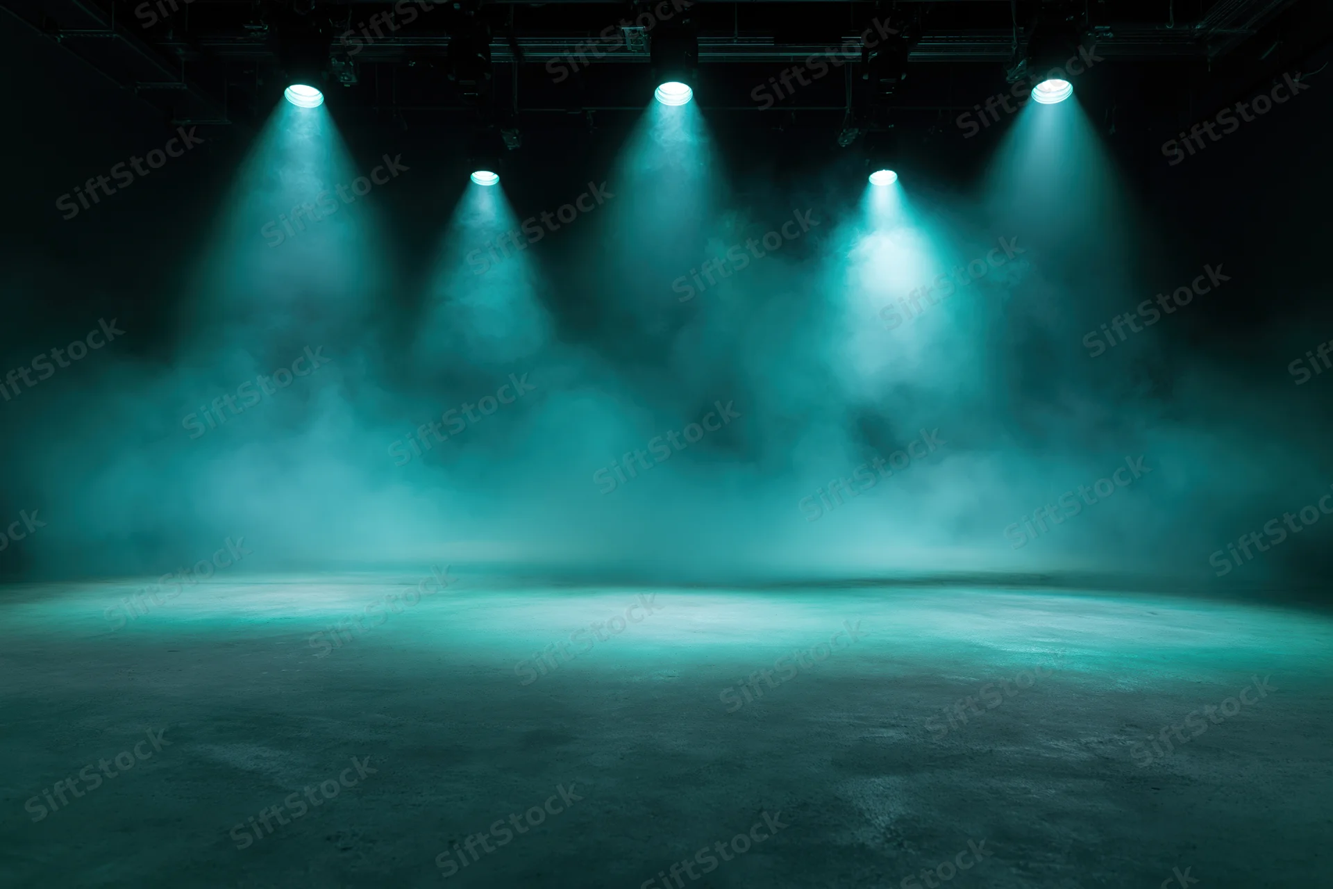 Empty stage floor illuminated by theatrical spotlights with teal light and smoke in a dark studio setting