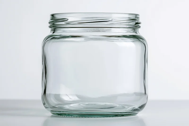 Empty wide-mouth glass jar sitting upright on a white surface