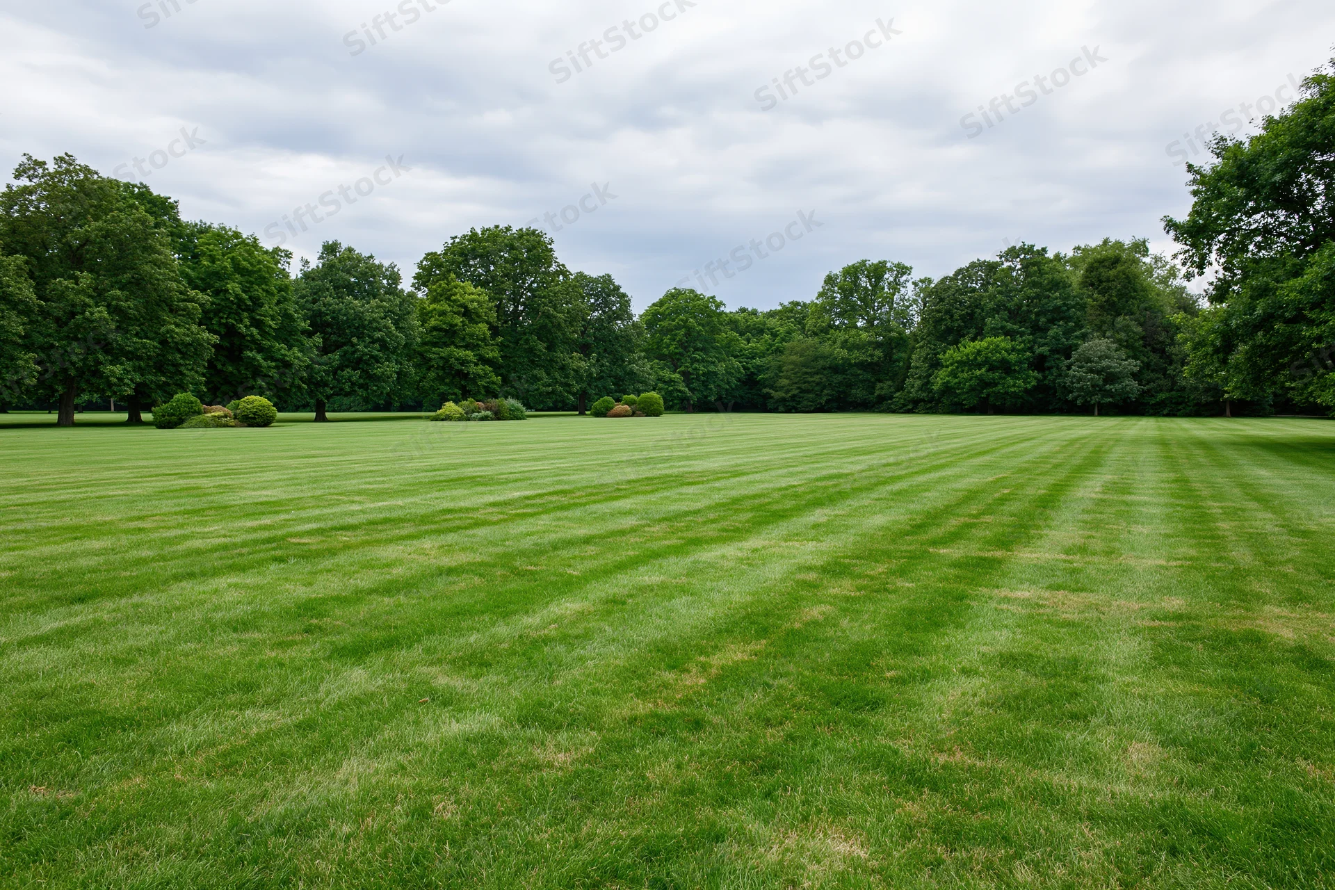 Expansive manicured lawn with striped mowing pattern stretching toward a dense treeline under cloudy sky