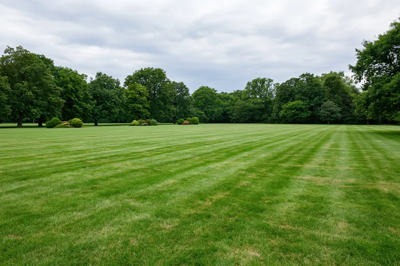Expansive manicured lawn with striped mowing pattern stretching toward a dense treeline under cloudy sky