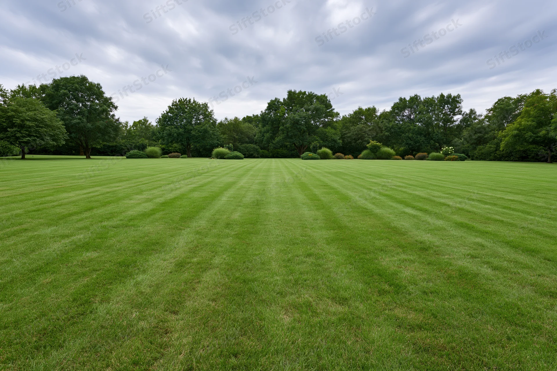 Expansive manicured lawn with striped mowing pattern stretching toward a treeline of dense trees under an overcast sky