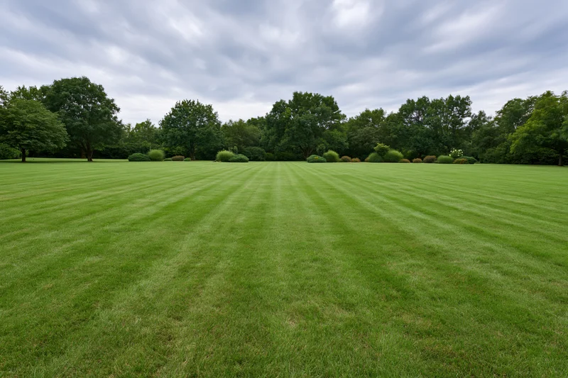 Expansive manicured lawn with striped mowing pattern stretching toward a treeline of dense trees under an overcast sky