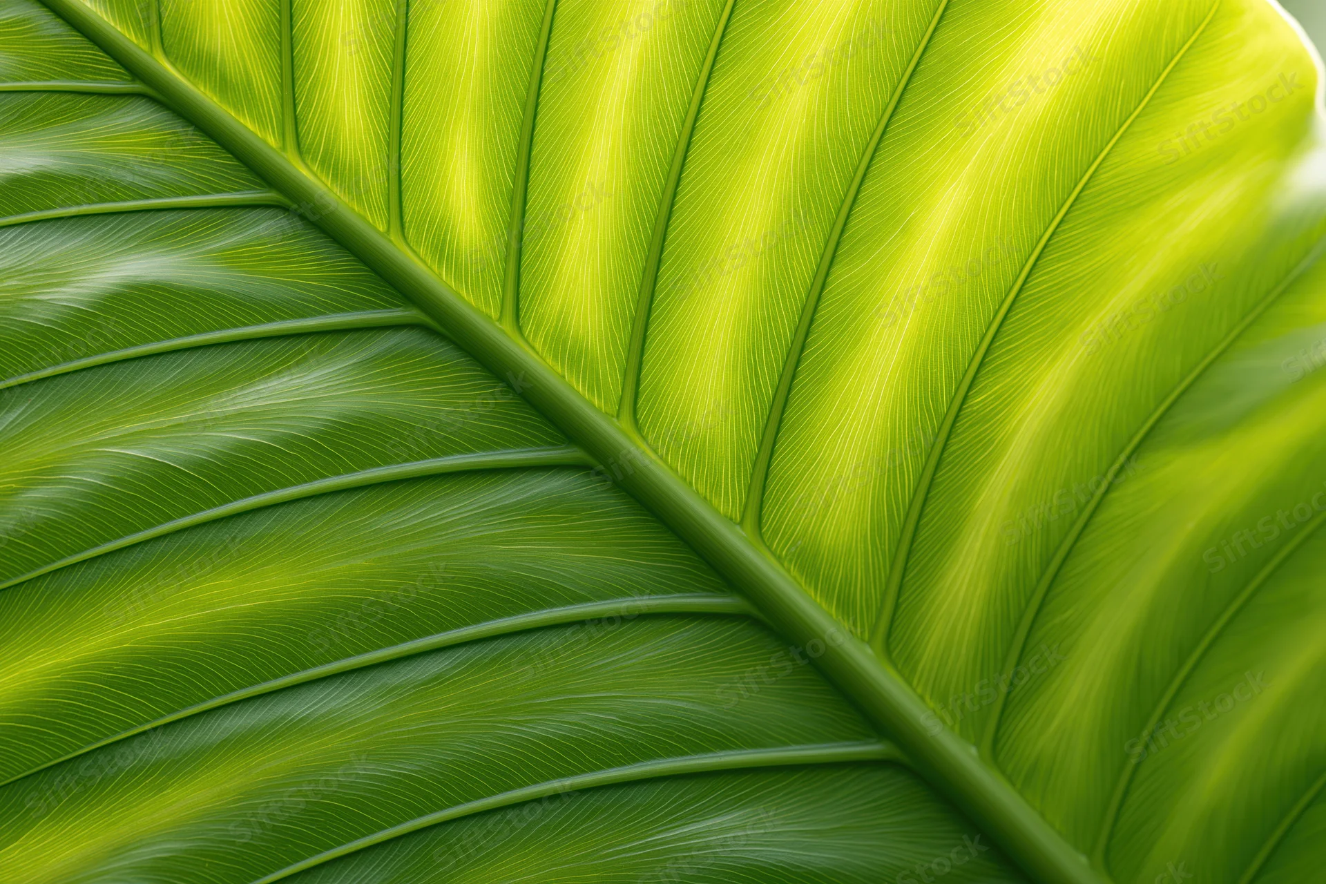 Extreme closeup of a large tropical leaf showing detailed veins and vibrant green texture filling the frame
