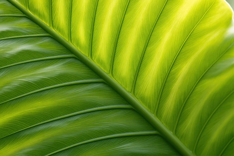 Extreme closeup of a large tropical leaf showing detailed veins and vibrant green texture filling the frame