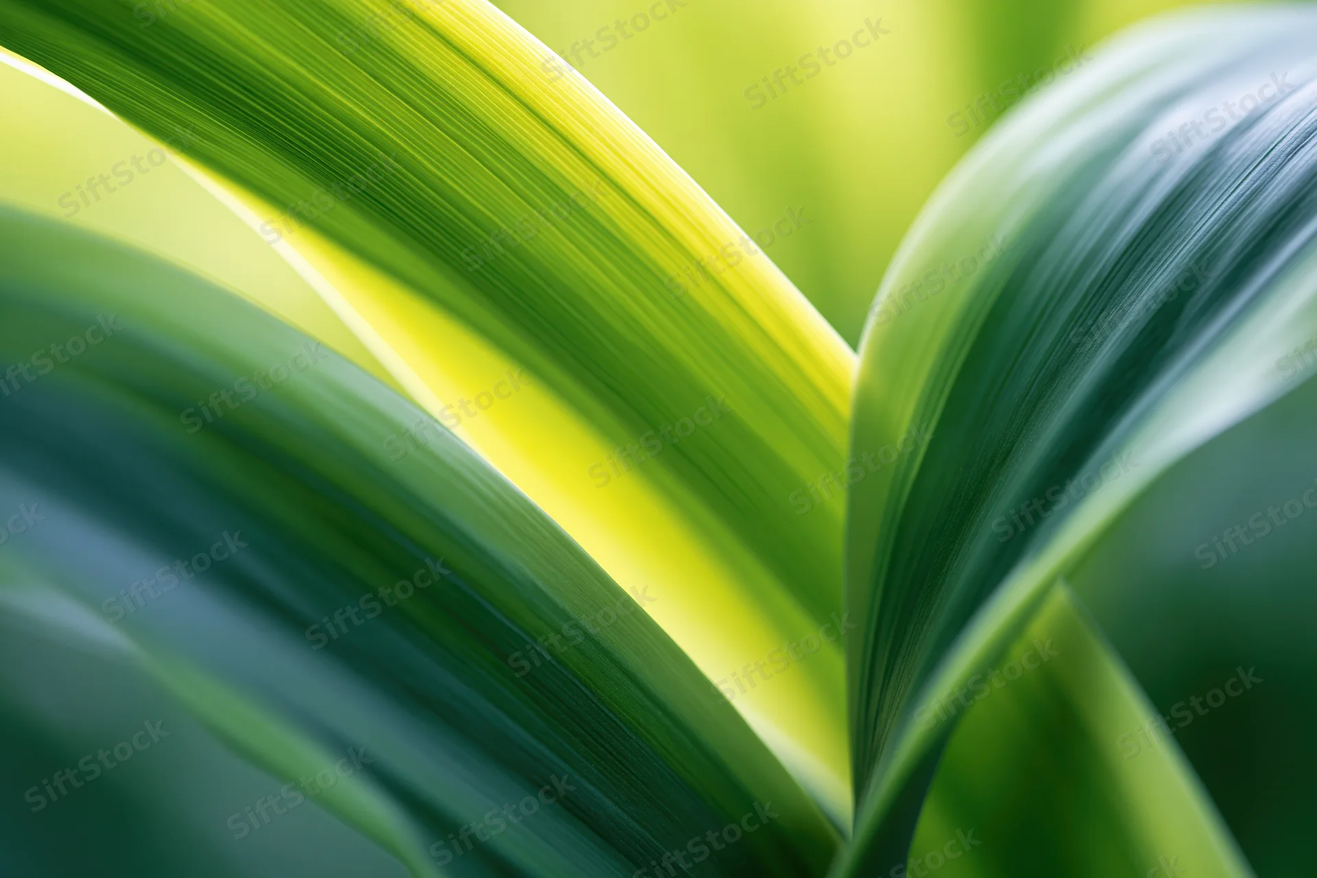 Overlapping tropical plant leaves in a close-up macro view showing vibrant green textures and natural details