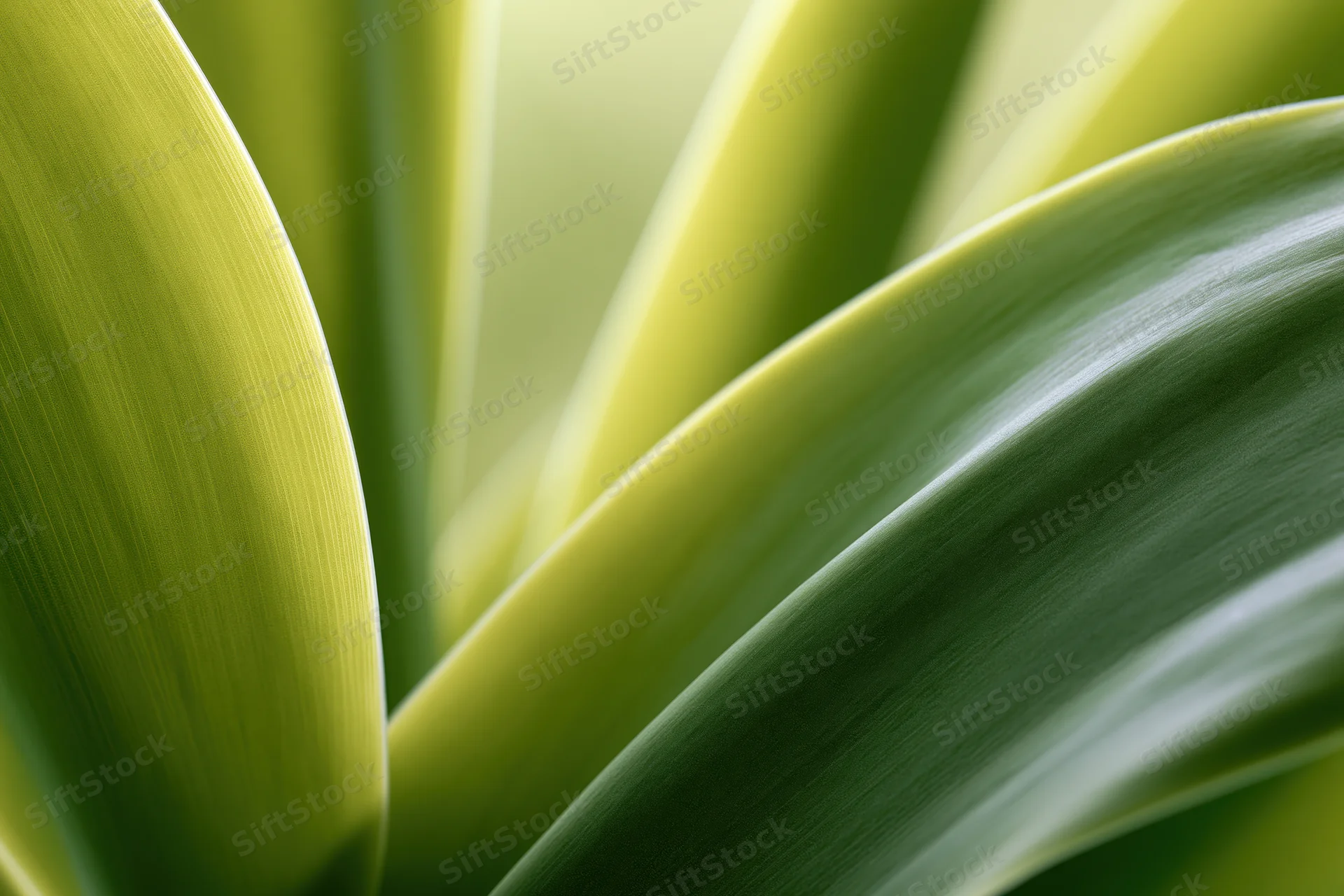 Overlapping tropical plant leaves in extreme closeup with soft focus and natural lighting