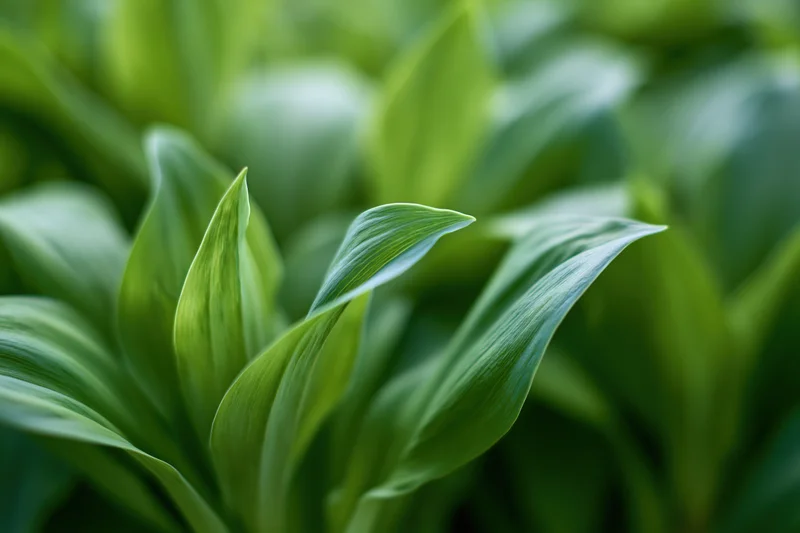 Lush green leaves in extreme closeup with shallow depth of field showing detailed texture and natural veining