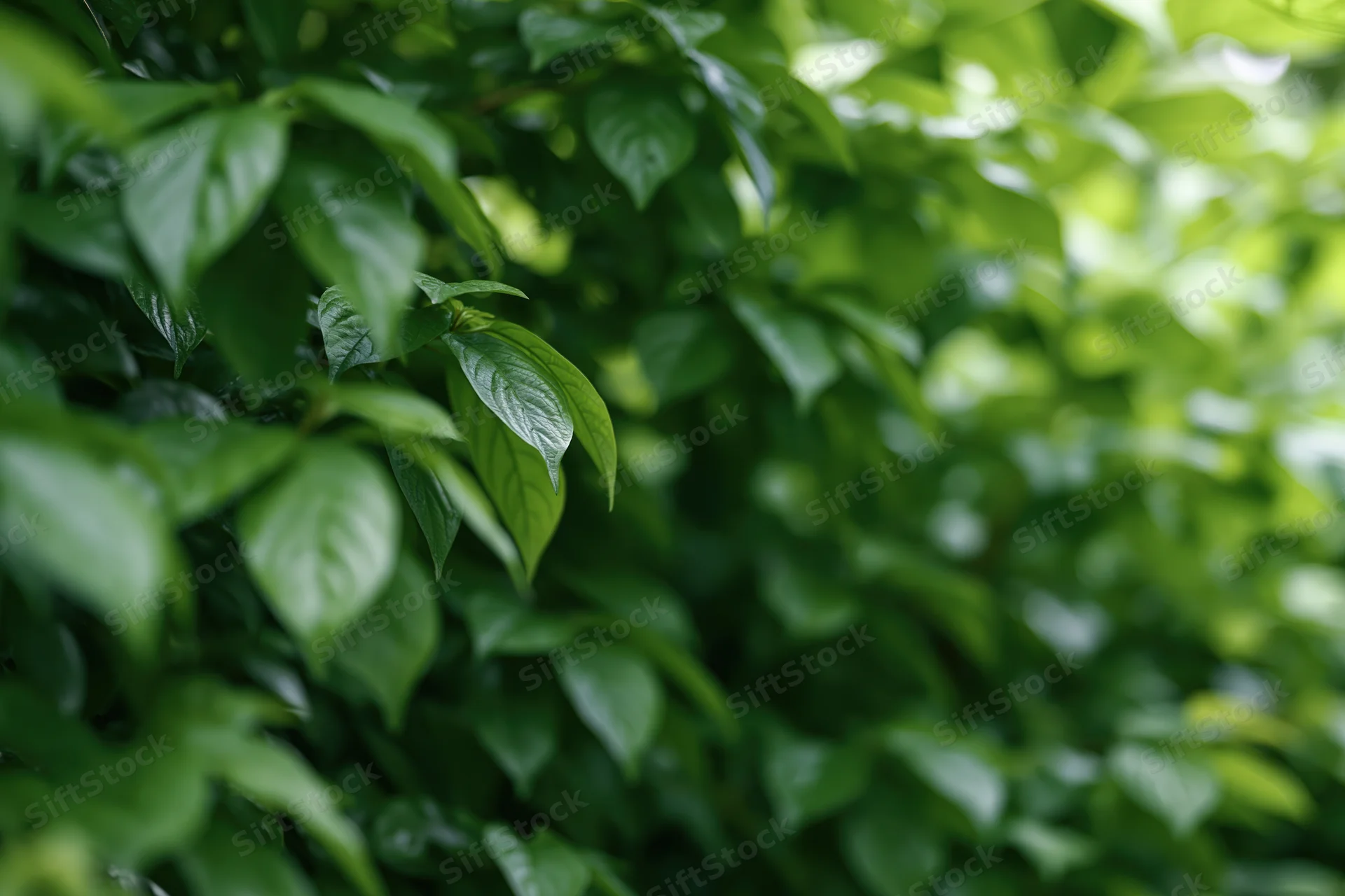 Dense green foliage with soft focus and blurred background showing natural leaf texture