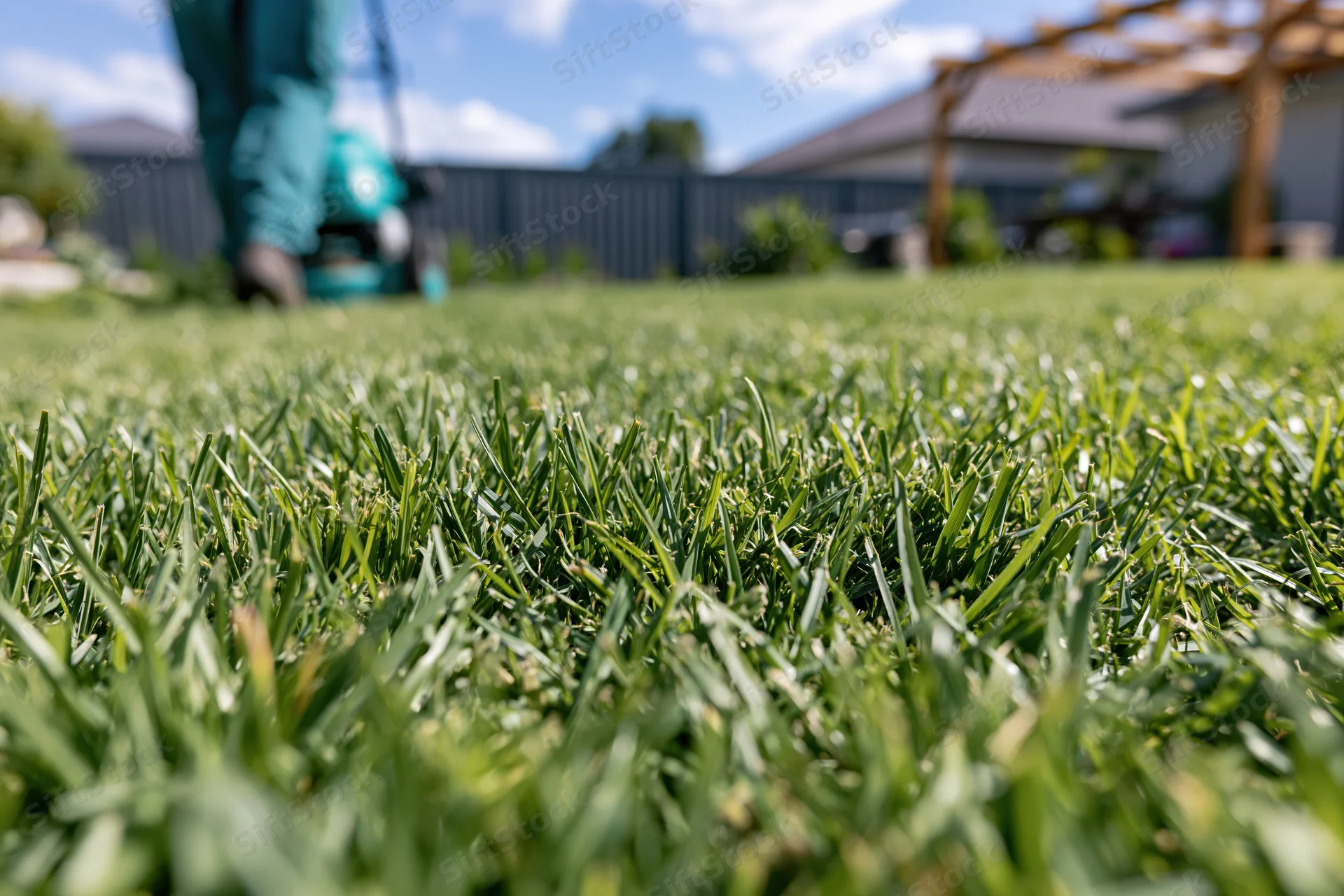 Freshly cut green lawn viewed from ground level in a backyard