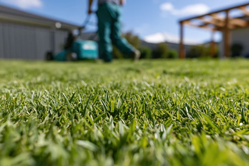 Freshly cut green lawn with person mowing in background at low angle