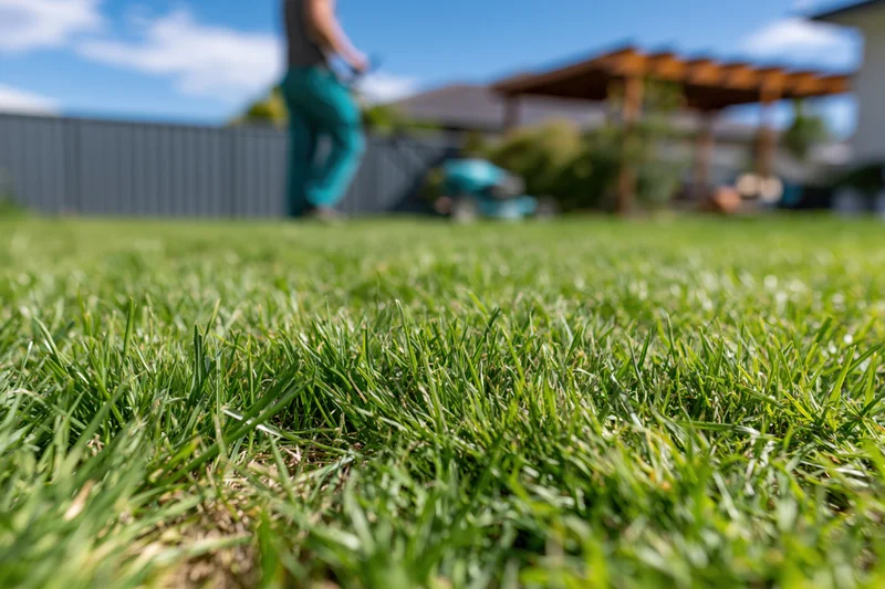 Freshly cut green lawn in a suburban backyard with a person mowing in the background