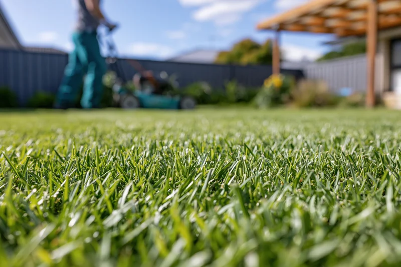 Freshly cut green lawn with a person mowing in the background at a residential backyard