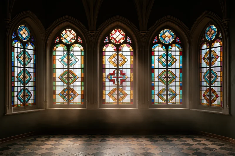 Five arched stained glass windows glowing with colored light in a church interior