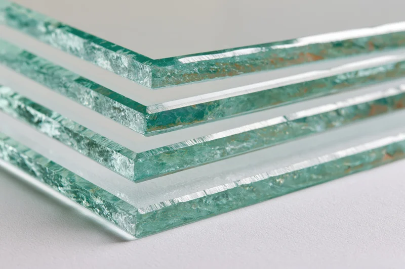 Stacked glass panels arranged in a stepped diagonal fan formation on a plain surface