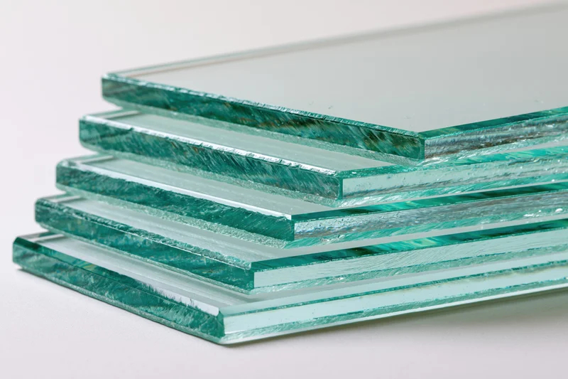 Five cut glass panels stacked in a stepped diagonal arrangement on a white surface