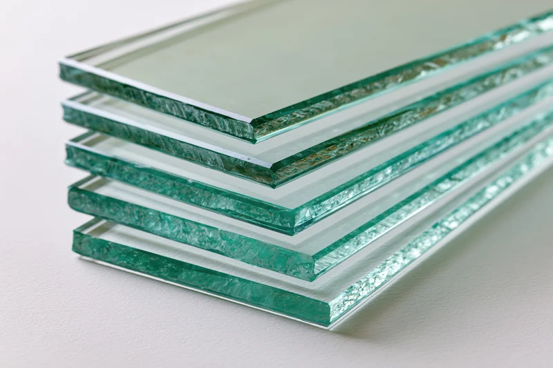 Five cut glass panels stacked in a stepped diagonal fan arrangement on a white surface