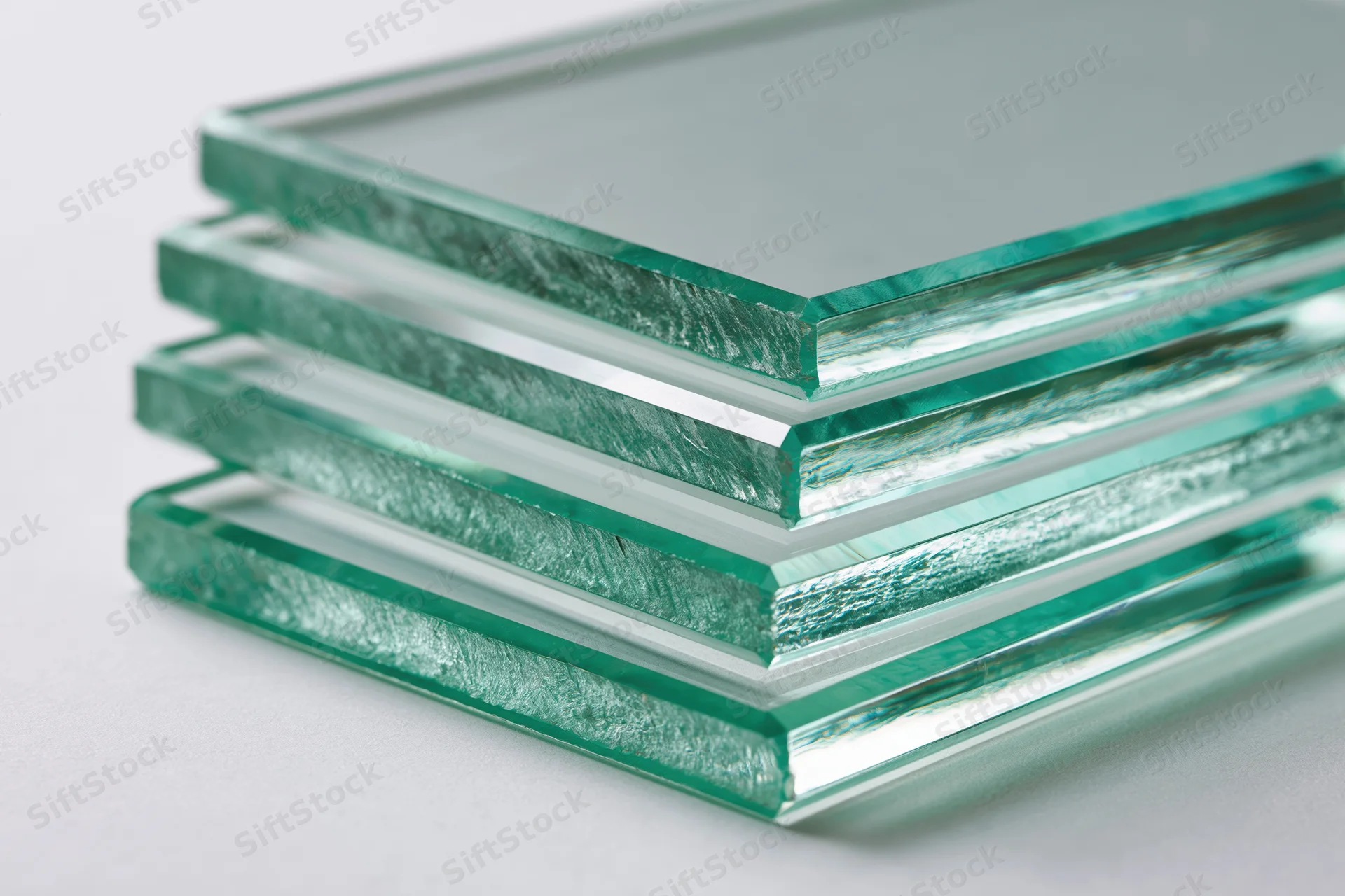 Stacked glass panels arranged in diagonal fan formation on white surface