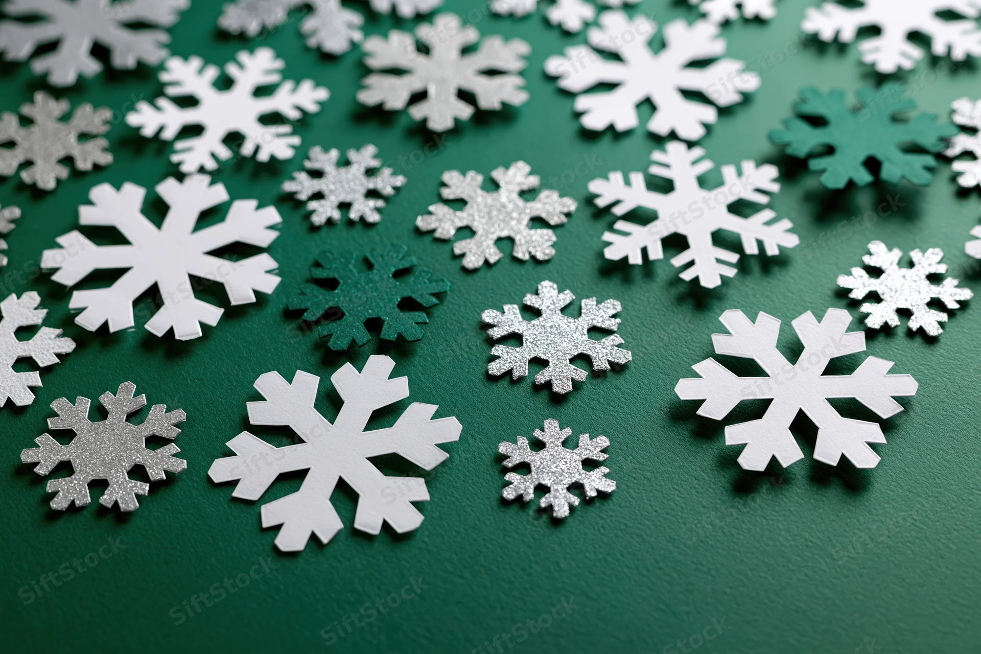 Scattered paper snowflakes in white, silver, and green on a deep green holiday background