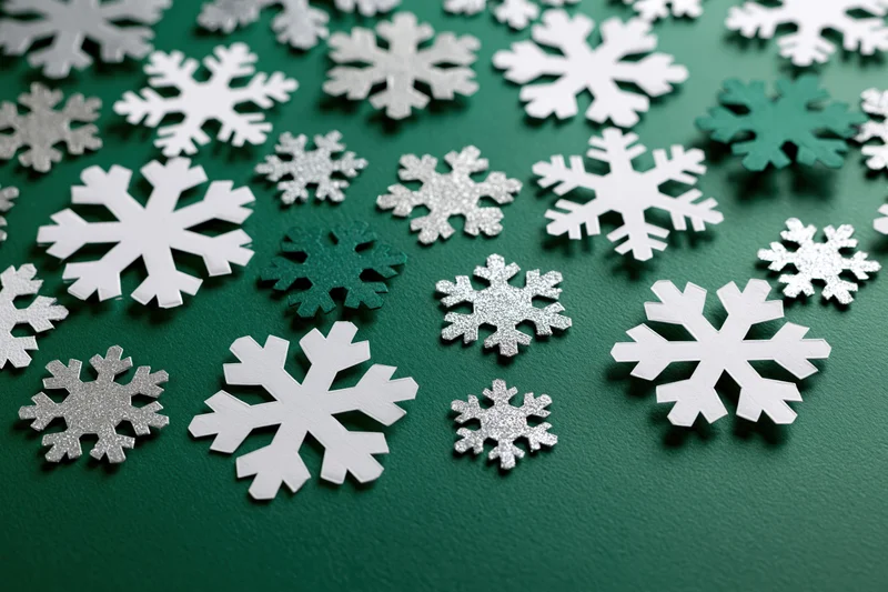 Scattered paper snowflakes in white, silver, and green on a deep green holiday background