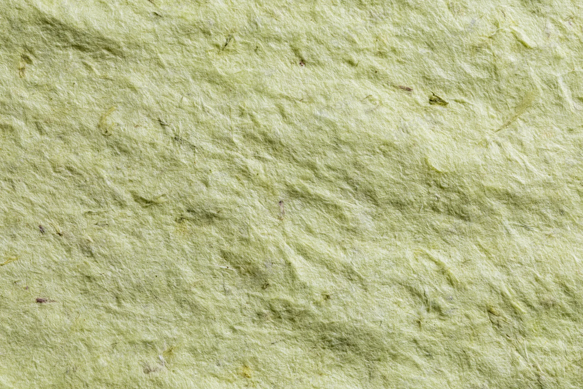Close-up of a sheet of handmade recycled paper with visible fibers and green tint