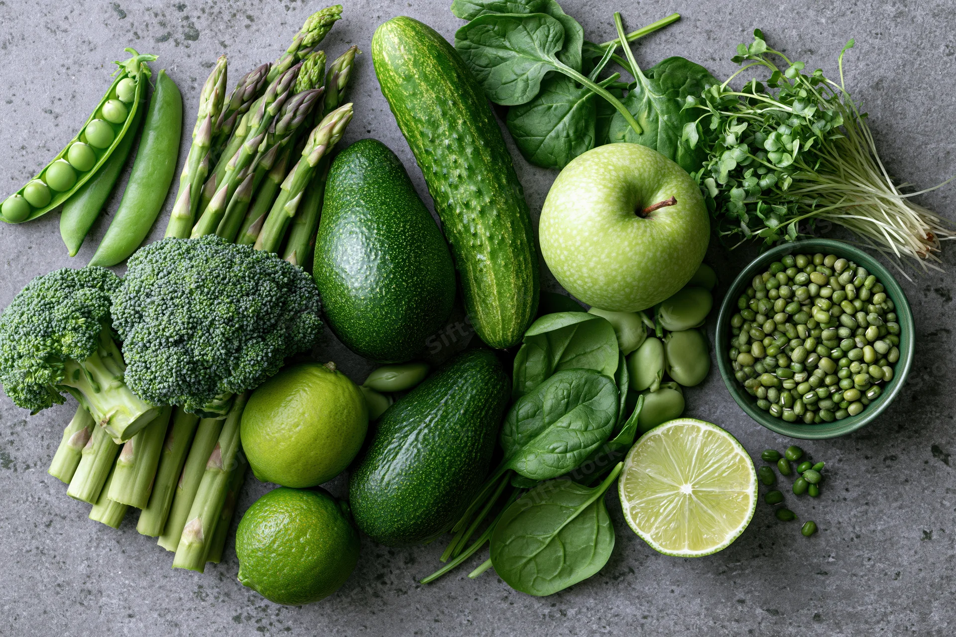 Flat lay of assorted green vegetables and fruits arranged on a countertop
