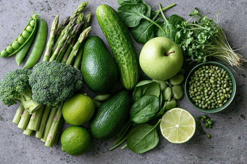 Flat lay of assorted green vegetables and fruits arranged on a countertop