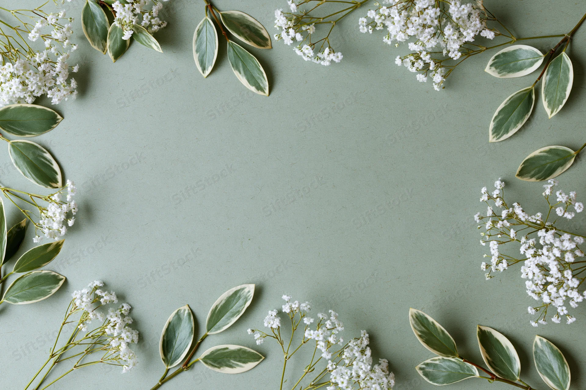 Gypsophila sprigs and variegated leaves arranged in a flat lay border on a mint green background with copyspace