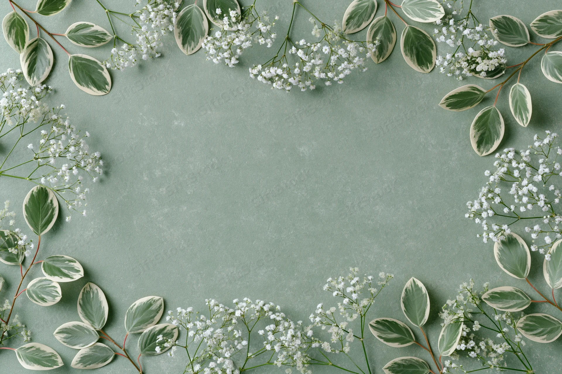 Flat lay of gypsophila sprigs and variegated leaves arranged in a frame on a mint green surface with copyspace