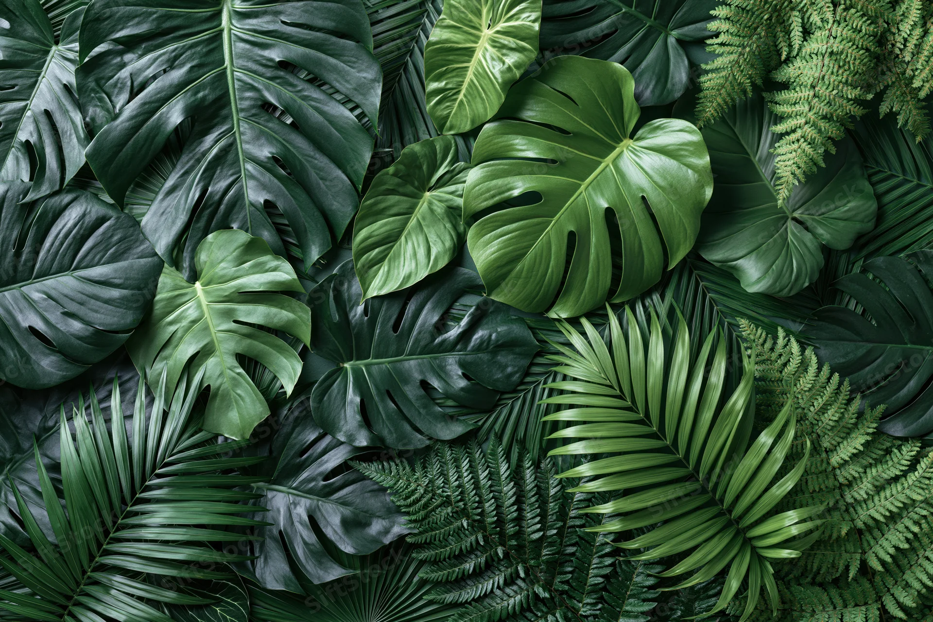 Tropical leaves arranged in a dense flat lay composition