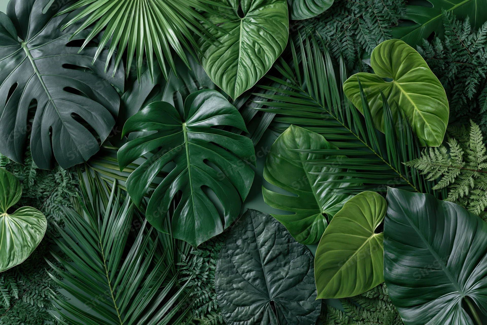Tropical leaves arranged in a dense flat lay composition