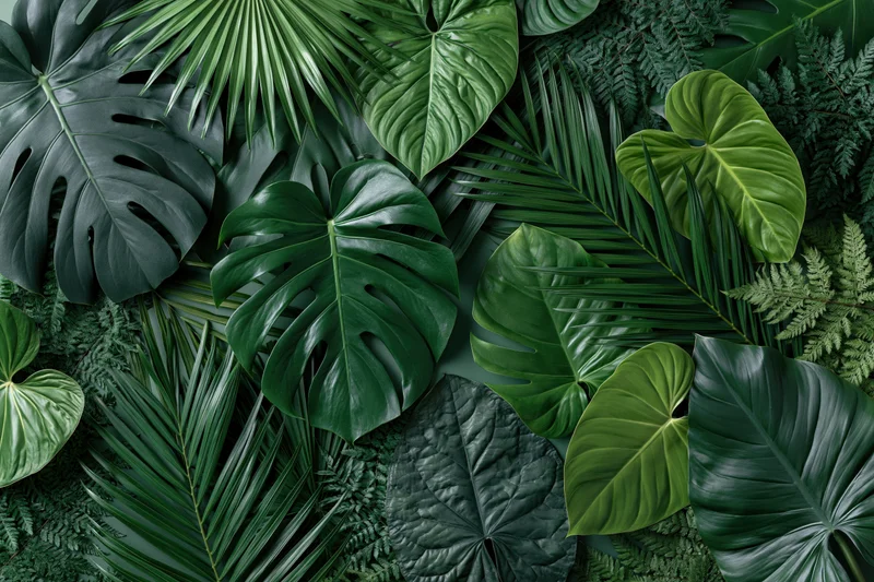 Tropical leaves arranged in a dense flat lay composition